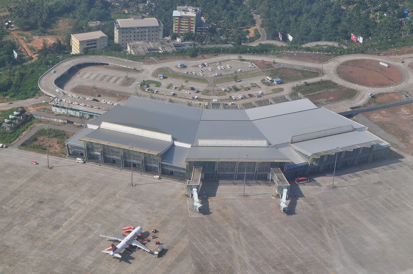 Aerial view of the terminal building and apron at Mangaluru Airport