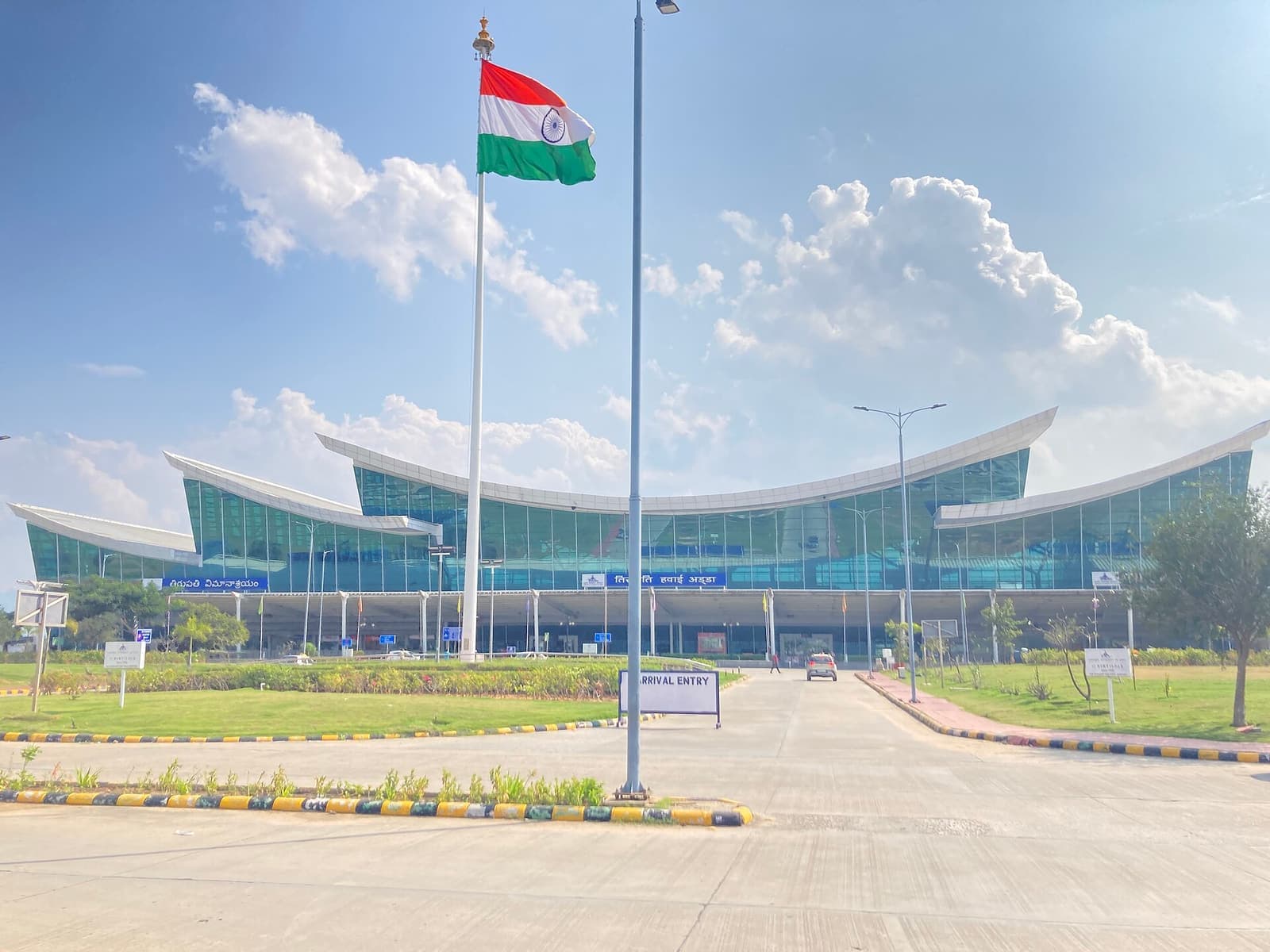 The terminal of Tirupati Airport with the Indian flag flying in front