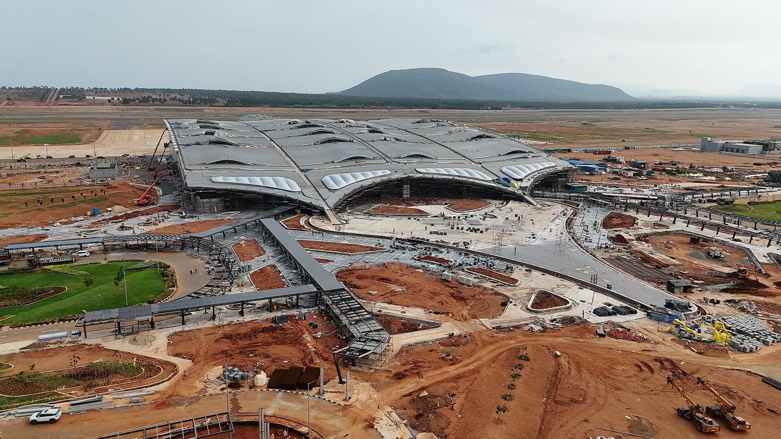 Aerial view of the terminal of Alluri Sitarama Raju International Airport under construction in May 2026
