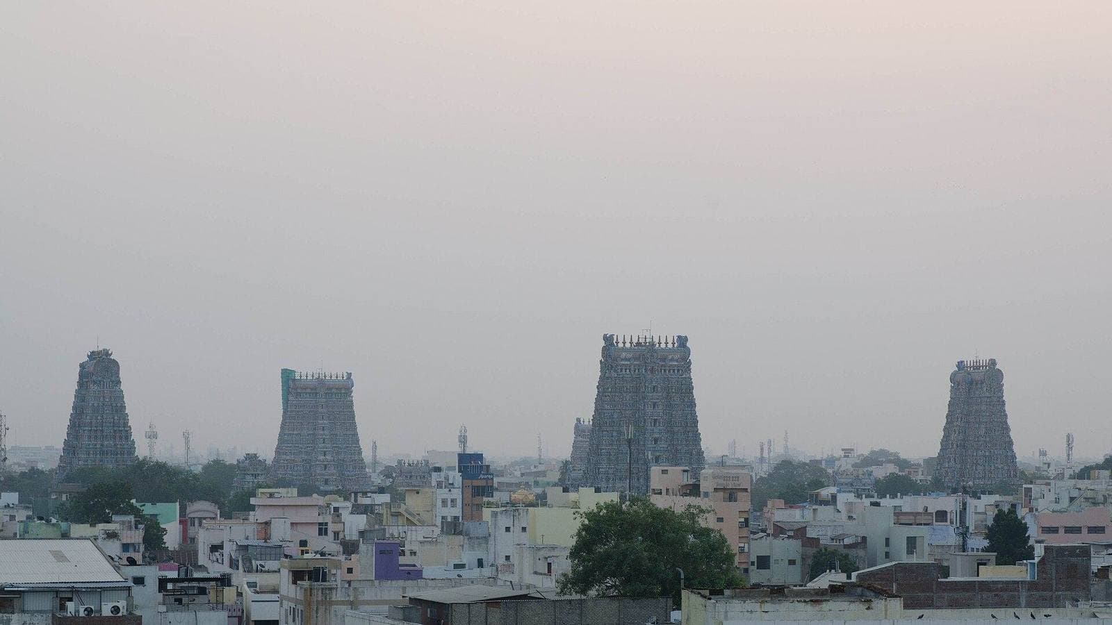 The gopurams of the Meenakshi Amman Temple rising above Madurai