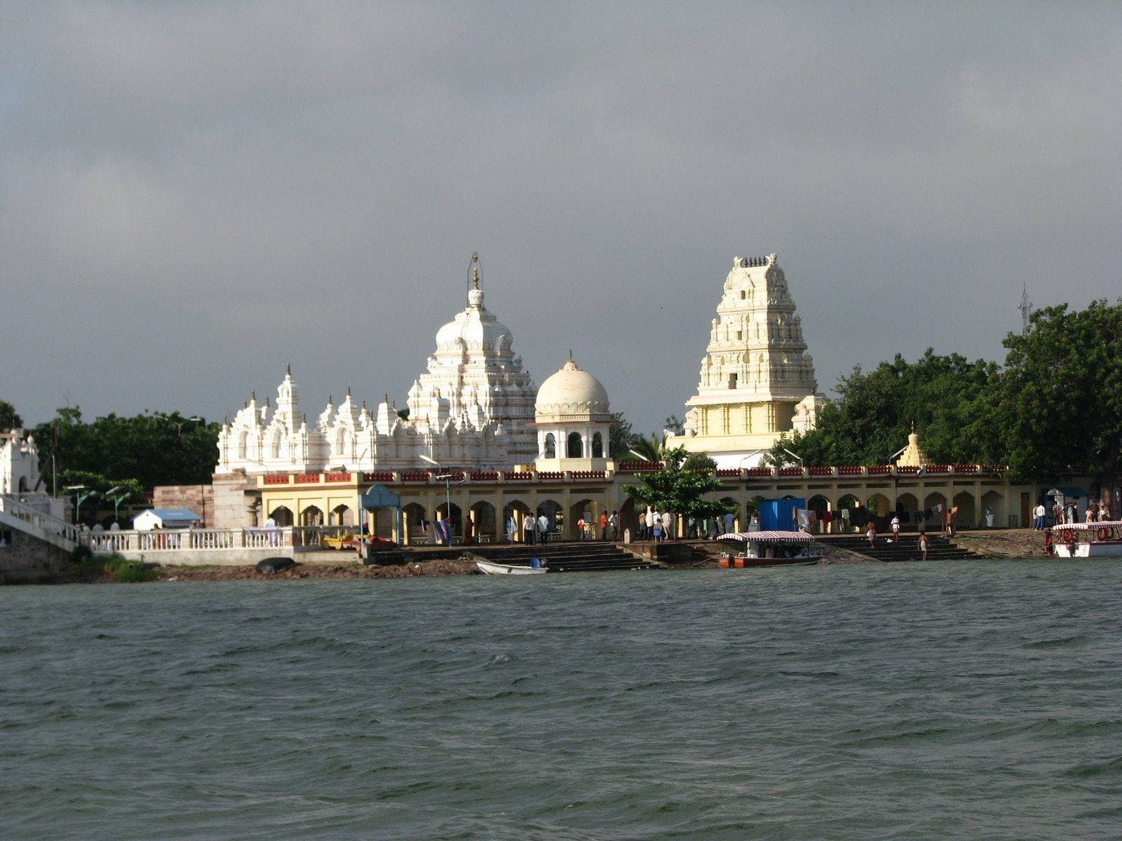 White temple towers on the riverfront at Bagalkote