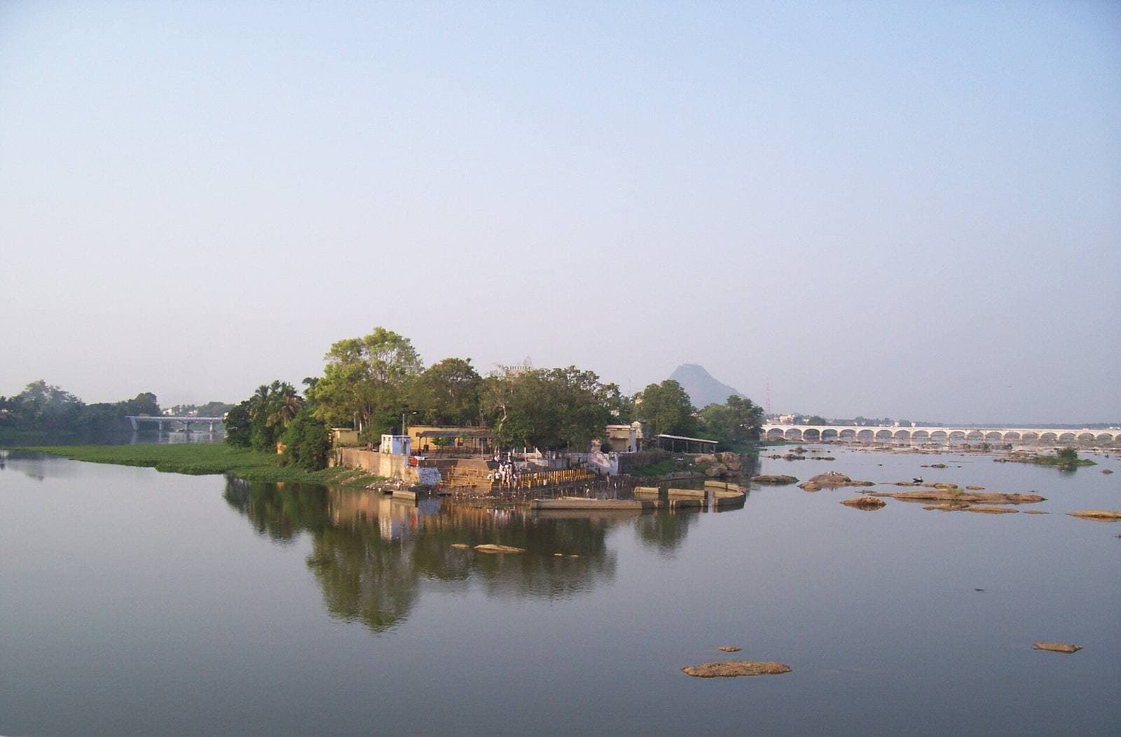 The Kaveri river at Erode, with an island temple and bridge
