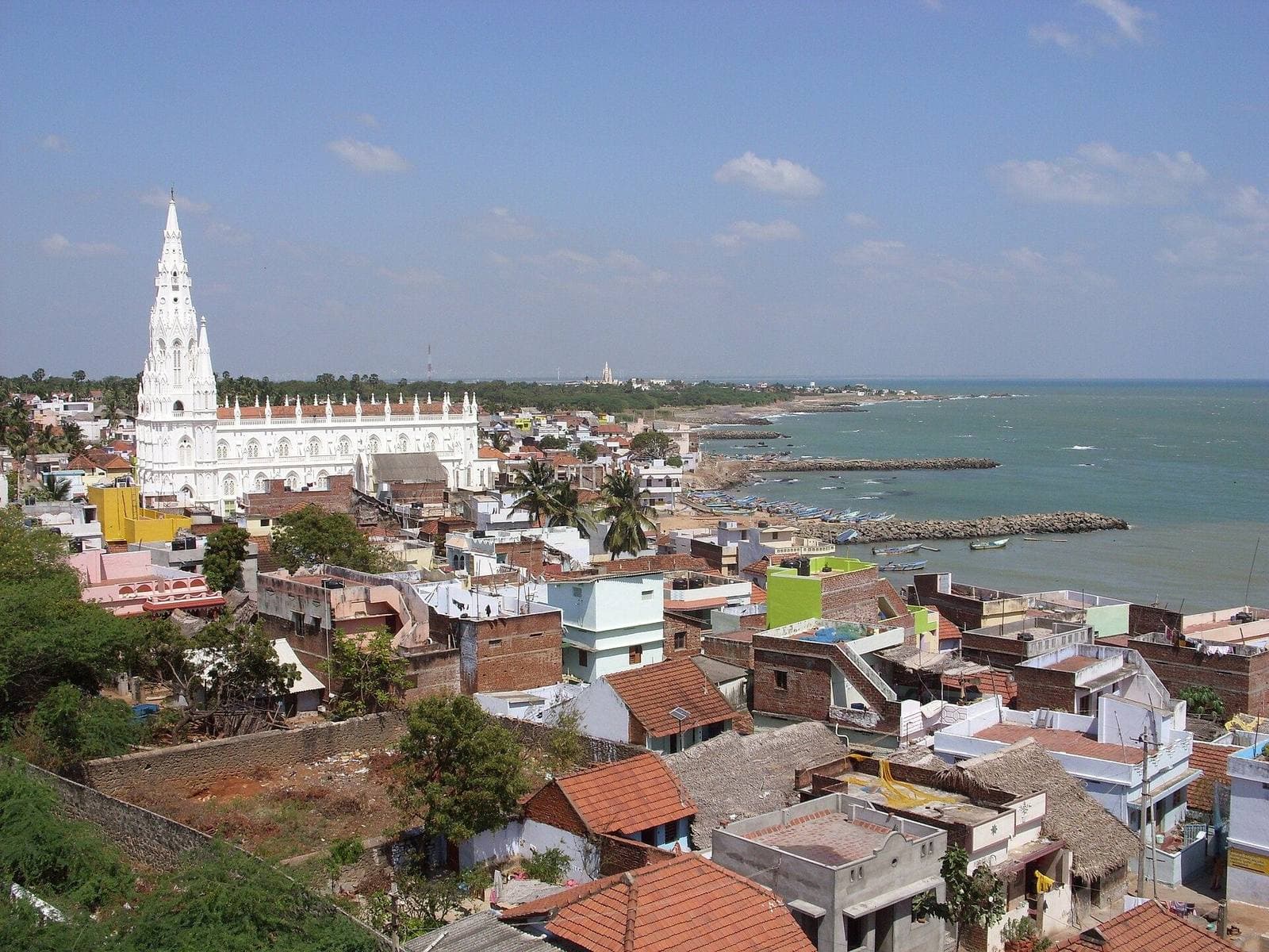 Kanyakumari town and a white church beside the sea