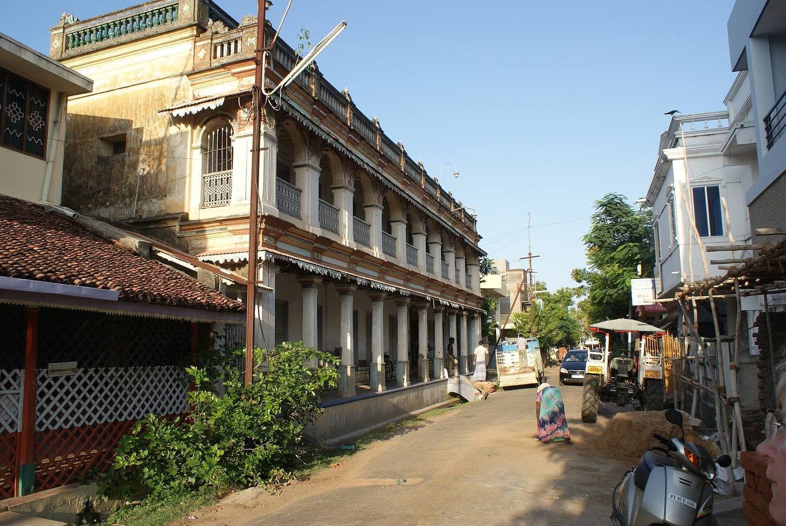 Old colonial-era buildings on a street in Karaikal
