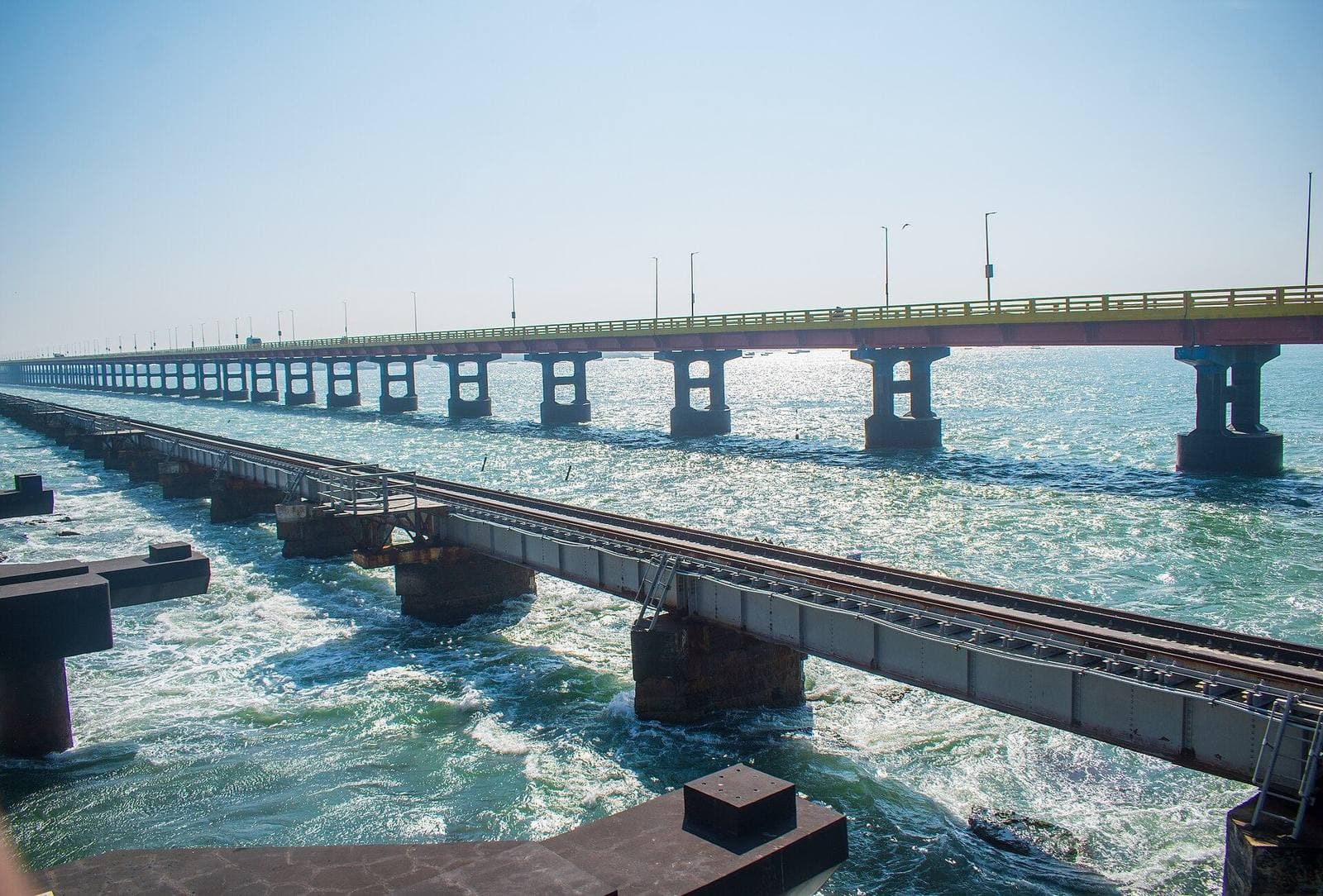 The Pamban road and rail bridges across the sea to Rameswaram