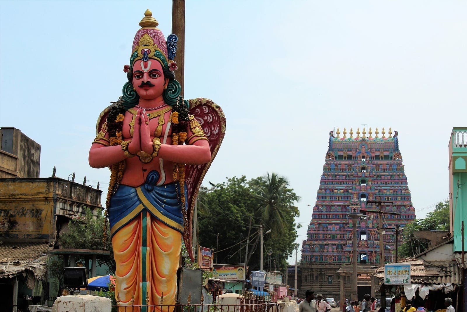 A Garuda statue in front of the gopuram of the Bhu Varaha Swamy Temple, Srimushnam