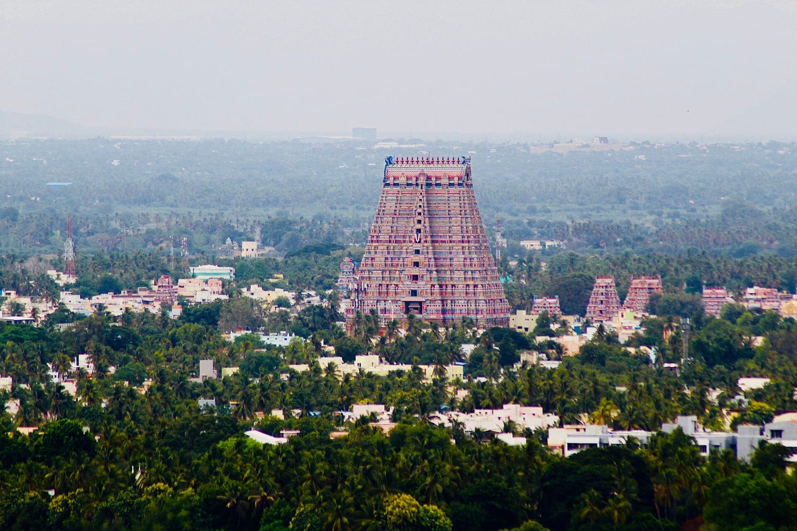 Aerial view of the Srirangam temple tower rising above the town