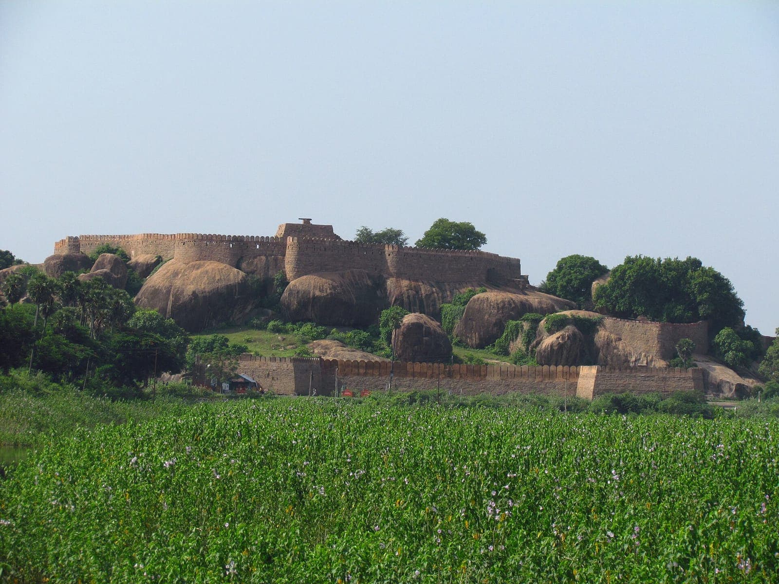 Thirumayam Fort on its rocky hill, seen across a lake