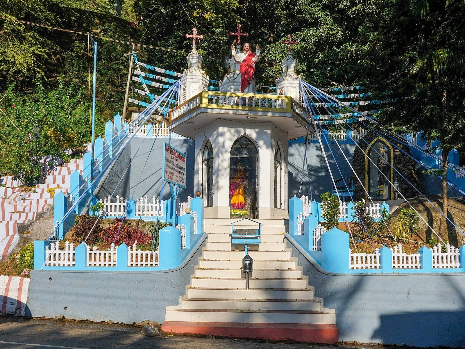 A shrine with steps and a statue at Velankanni