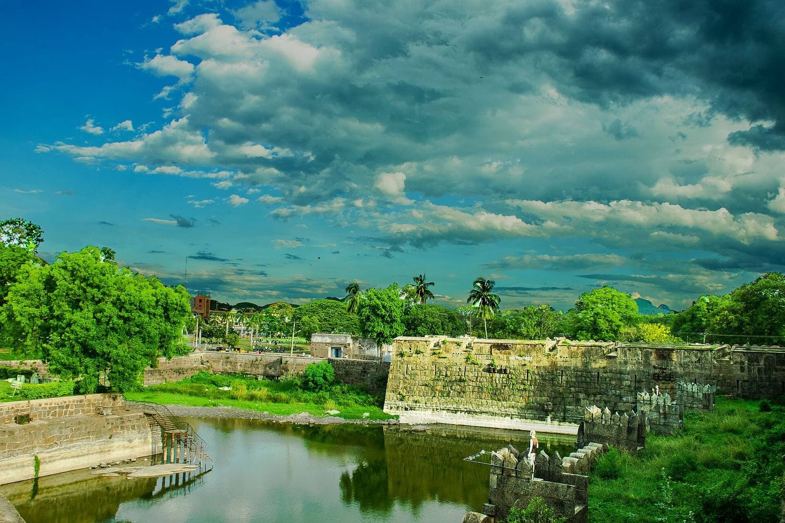 The moat and walls of Vellore Fort