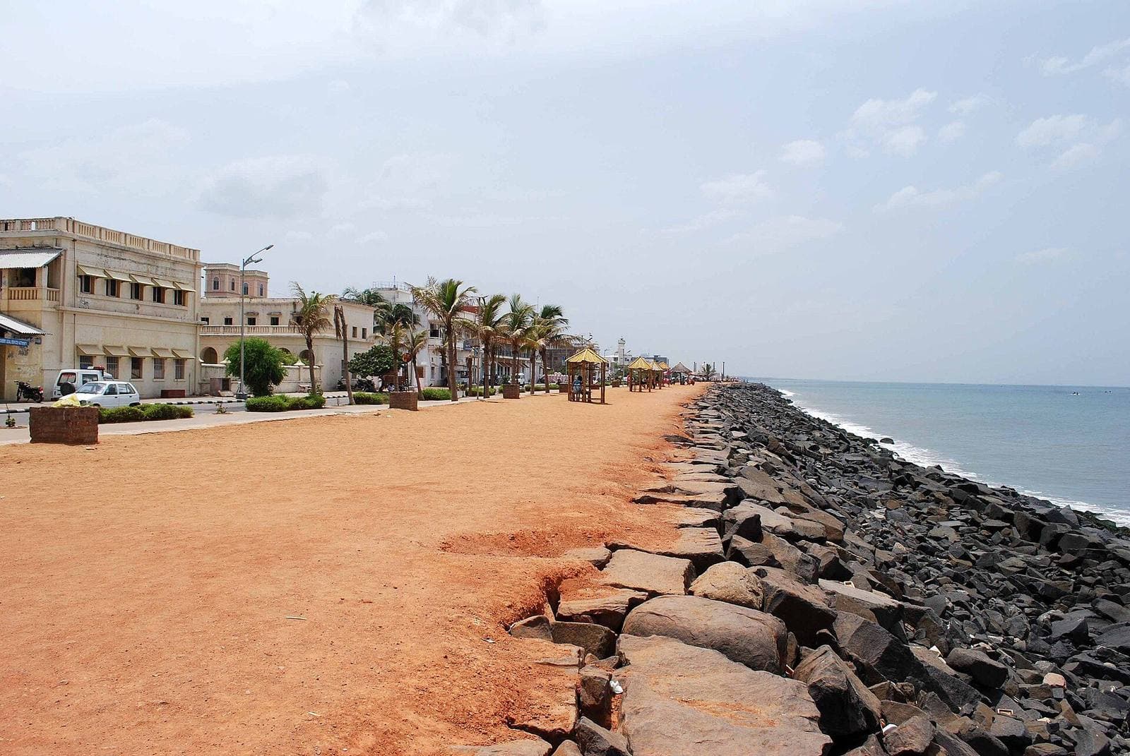 The seafront Promenade in Puducherry, with rocks along the Bay of Bengal